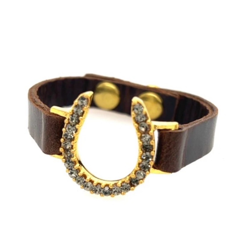 Skinny Horseshoe Leather Bracelet in Gold Finish